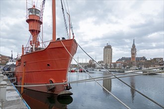 Lightship, boats, marina, skyscraper, houses, tower of the Hotel de Ville, town hall, Dunkirk,