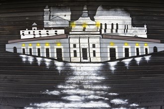 Marseille, Projection of an illuminated building on a wooden surface at night, Marseille,
