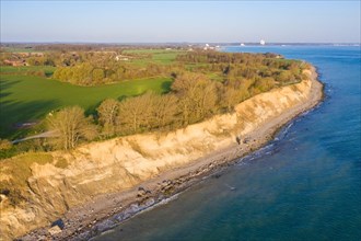 Aerial view over beach and Brodtener Ufer, Brodten Steilufer, cliff in the Bay of Luebeck along the