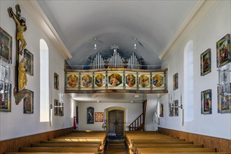 The organ loft, Church of St Alexander and St George, Memhoelz, Allgaeu, Swabia, Bavaria, Germany,