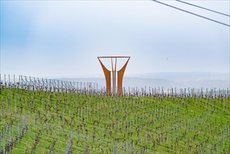 Expansive vineyard landscape with a striking art installation under a cloudy sky, Jesus Grace