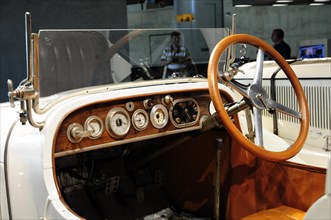 Museum, Mercedes-Benz Museum, Stuttgart, Interior view of a classic car with wooden dashboard and