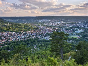 View of the city of Jena from Mount Jenzig in the evening light, Saale Valley, Thuringia, Germany,