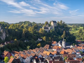 View of Pottenstein with castle, church and half-timbered houses, Townscape, Franconian