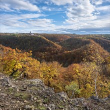 View over autumnal forests in the Selke valley, behind Falkenstein Castle, Harz Mountains,