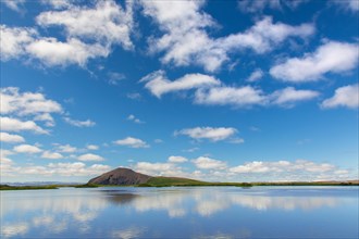View over the shallow lake Myvatn in summer, Norourland eystra, Nordurland eystra in the north of