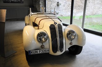 BMW 328 built in 1931, Deutsches Automuseum Langenburg, A white BMW classic car in convertible