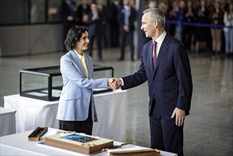 (L-R) Hadja Lahbib, Foreign Minister of Belgium, and Jens Stoltenberg, Secretary General of the