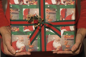 Close-up of woman's arms and hands holding and offering a boxed Christmas gift, Studio Composition,