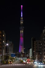 634 meters high Tokyo Skytree, broadcasting and observation tower in Sumida illuminated at night in