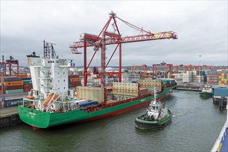 Container ship, container bridge, tugboat, harbour, Dublin, Republic of Ireland