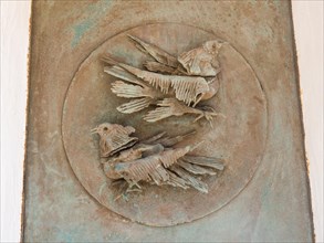 Depiction of birds, sculpture, Stella Maris church, Porto Cervo, Costa Smeralda, Sardinia, Italy,