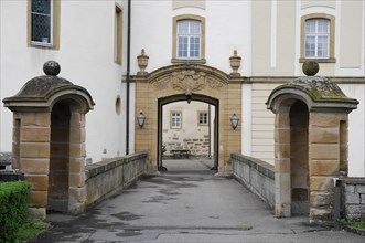 Langenburg Castle, sandstone portal with lamps as the main entrance to the castle, Langenburg