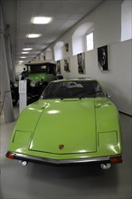 Deutsches Automuseum Langenburg, Green Porsche 914 Targa sports car in a museum, side view,