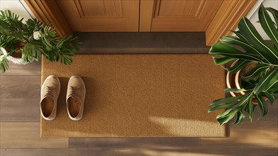 Blank welcome mat and pair of shoes at front door of house. generative AI, AI generated