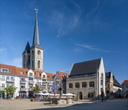 The Holzmarkt with St Martin's Church, town hall and Holzmarkt fountain, Halberstadt,