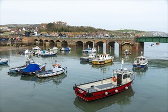 Boats, boat harbour, former railway bridge, Folkestone, Kent, Great Britain