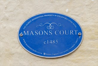 Nameplate, Masons Court, Stratford upon Avon, England, Great Britain