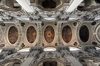 St Stephen's Cathedral, Passau, view of a richly decorated church ceiling with frescoes and stucco