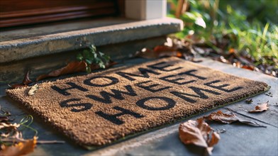 Home sweet home welcome mat at front door of house. generative AI, AI generated