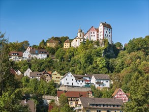 Egloffstein castle and village in the Trubach valley in autumn, Egloffstein, Upper Franconia,