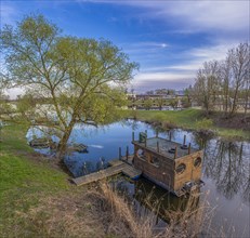 Houseboat on the Havel moat, Havelberg, Saxony-Anhalt, Germany, Europe