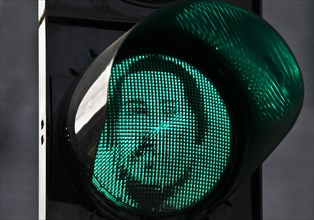 Green Engels traffic light at the Engels House, the birthplace of Friedrich Engels, historic