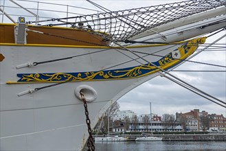 Detail, sailing ship Duchesse Anne, boats, marina, houses, Dunkirk, France, Europe