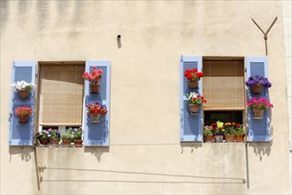 Marseille, Sunny house wall with blue shutters and colourful flower boxes, Marseille, Departement