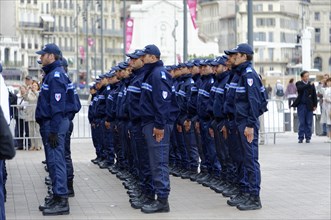 Marseille City Hall, row of police officers in uniform in an urban environment, Marseille,