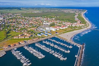 Aerial view over sailing boats at marina and seaside resort Kuehlungsborn along the Baltic Sea,