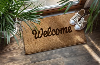 Welcome mat at front door of house. generative AI, AI generated