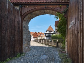 Alley with half-timbered houses and cobblestones, archway at the Quedlinburg Adelshof in the