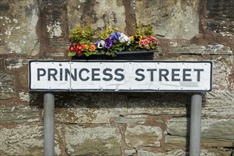 Flowers, street sign, Princess Street, LLangollen, Wales, Great Britain