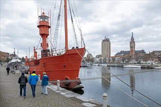 Lightship, boats, marina, skyscraper, houses, tower of the Hotel de Ville, town hall, Dunkirk,