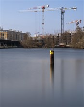 Long exposure, construction site on the Havel in Berlin-Spandau, Germany, Europe