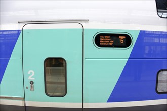 TGV at Marseille-Saint-Charles station, Marseille, close-up of a train door with digital display of