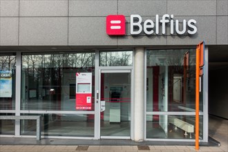 Indoor ATM cash dispenser, cashpoint of Belfius bank office in village, East Flanders, Belgium,