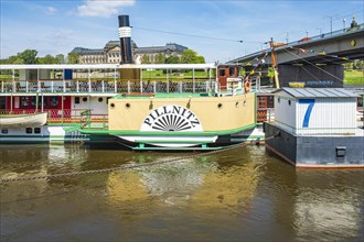 The historic paddle steamer PILLNITZ at the steamer landing stage on the Terrassenufer in Dresden,