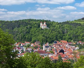 View of the town of Treffurt in the Werra Valley and Normannstein Castle, Treffurt, Thuringia,