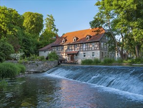 The watermill of Taubach on the river Ilm with weir, oldest mill in Thuringia, Weimar, Thuringia,