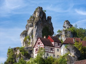 Zechenstein rock formation and half-timbered houses, rock castle and Franconian Switzerland Museum,
