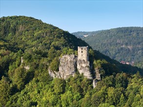 View of the Neideck castle ruins in the Wiesenttal valley, landmark of Franconian Switzerland,
