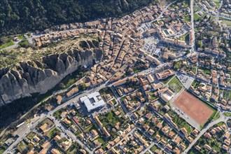 Aerial view of Les Mees, Provence-Alpes-Cote d'Azur Departement, Les Penitents, the penitents, rock