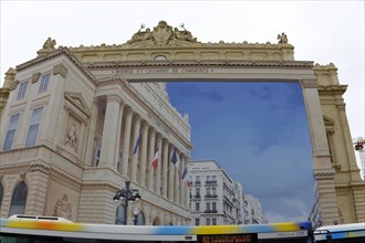 Marseille, Facade of the stock exchange and chamber of commerce building with reflection and