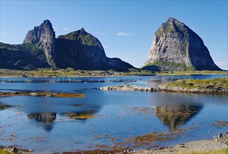 Striking granite mountains and fjords, islands, Traenastoppen, Traena, Lovunden, Helgeland coast,