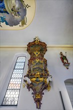 The pulpit, Church of St Alexander and St George, Memhoelz, Allgaeu, Swabia, Bavaria, Germany,
