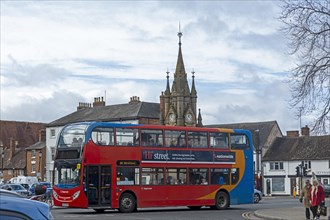Double-decker bus, clock tower, Stratford upon Avon, England, Great Britain