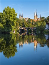 Merseburg Cathedral and Merseburg Castle reflected in the River Saale, Merseburg, Saxony-Anhalt,
