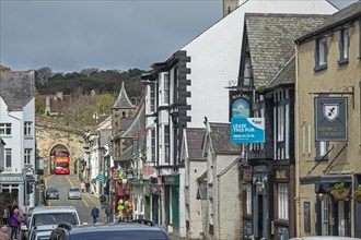Houses, town gate, double-decker bus, Castle Street, Conwy, Wales, Great Britain